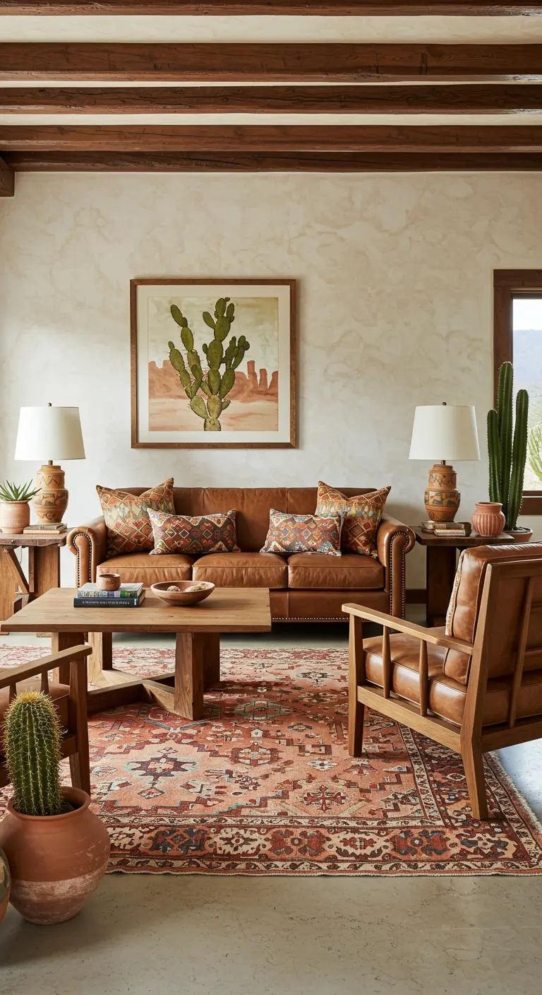 Sala de estar de estilo suroesteño con sofá de cuero, cojines tribales y cactus.