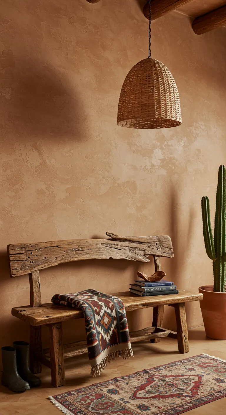 Entrada de estilo suroeste con paredes de estuco, banca de madera con manta étnica y un cactus