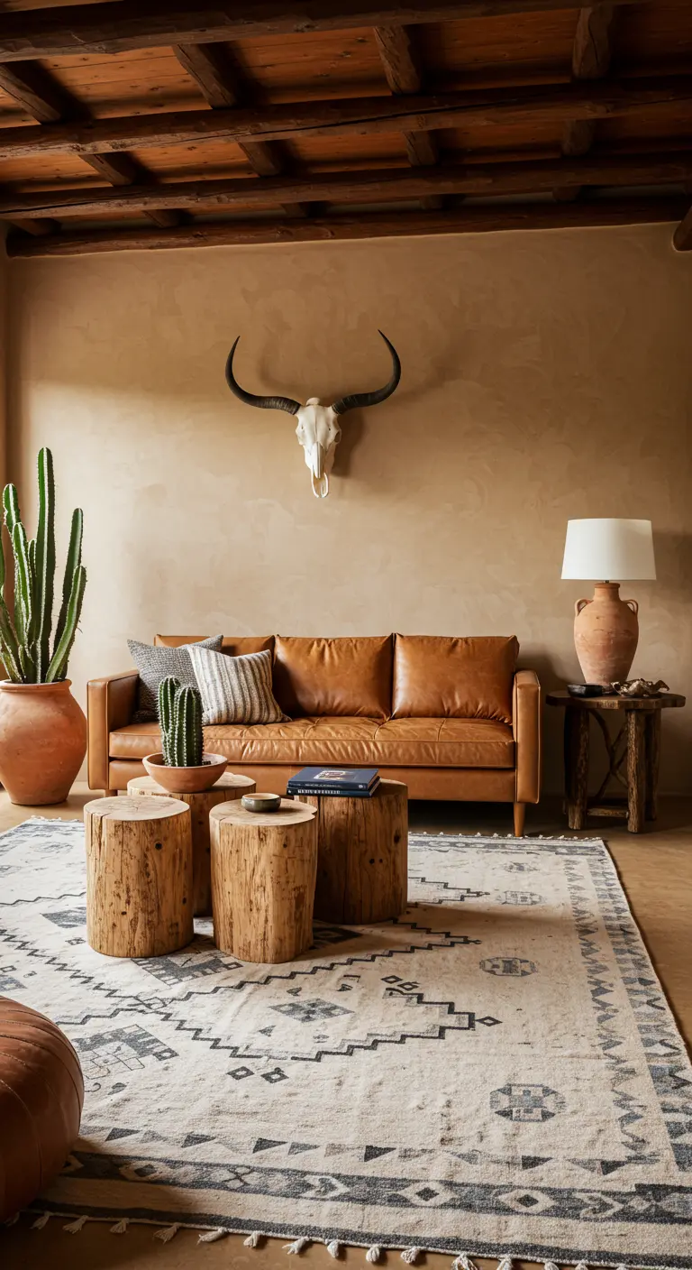 Sala de estar de estilo suroeste con sofá de cuero, alfombra tribal y mesas de tronco de árbol.