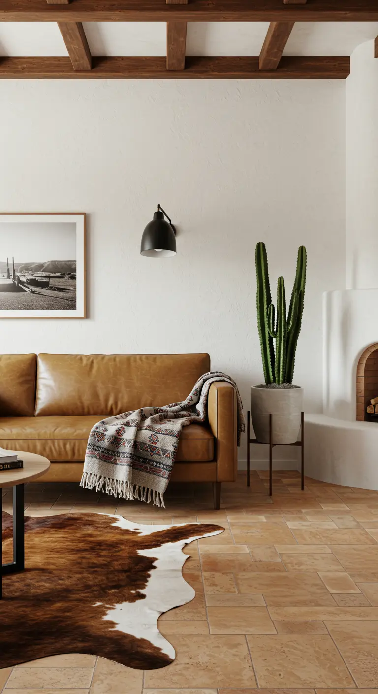Sala de estar con sofá de cuero, suelo de terracota y un gran cactus.