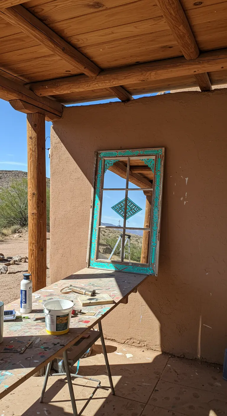 Espejo de ventana con marco turquesa y patrones geométricos apoyado en una pared de adobe
