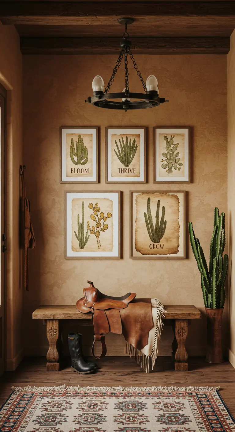 Entrada de estilo rústico del suroeste con una galería de cuadros de cactus y un banco de madera.