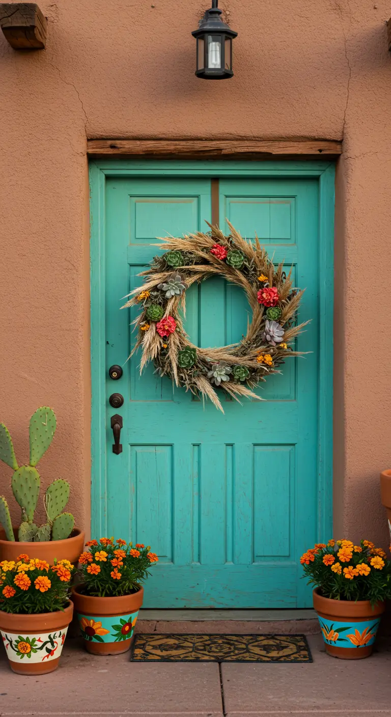 Puerta turquesa en una casa de adobe con corona de suculentas y macetas de terracota pintadas
