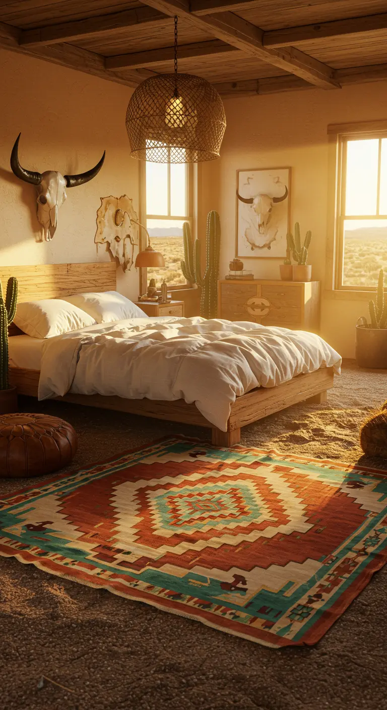 Dormitorio de inspiración desértica con una alfombra kilim de patrones geométricos y colores tierra.