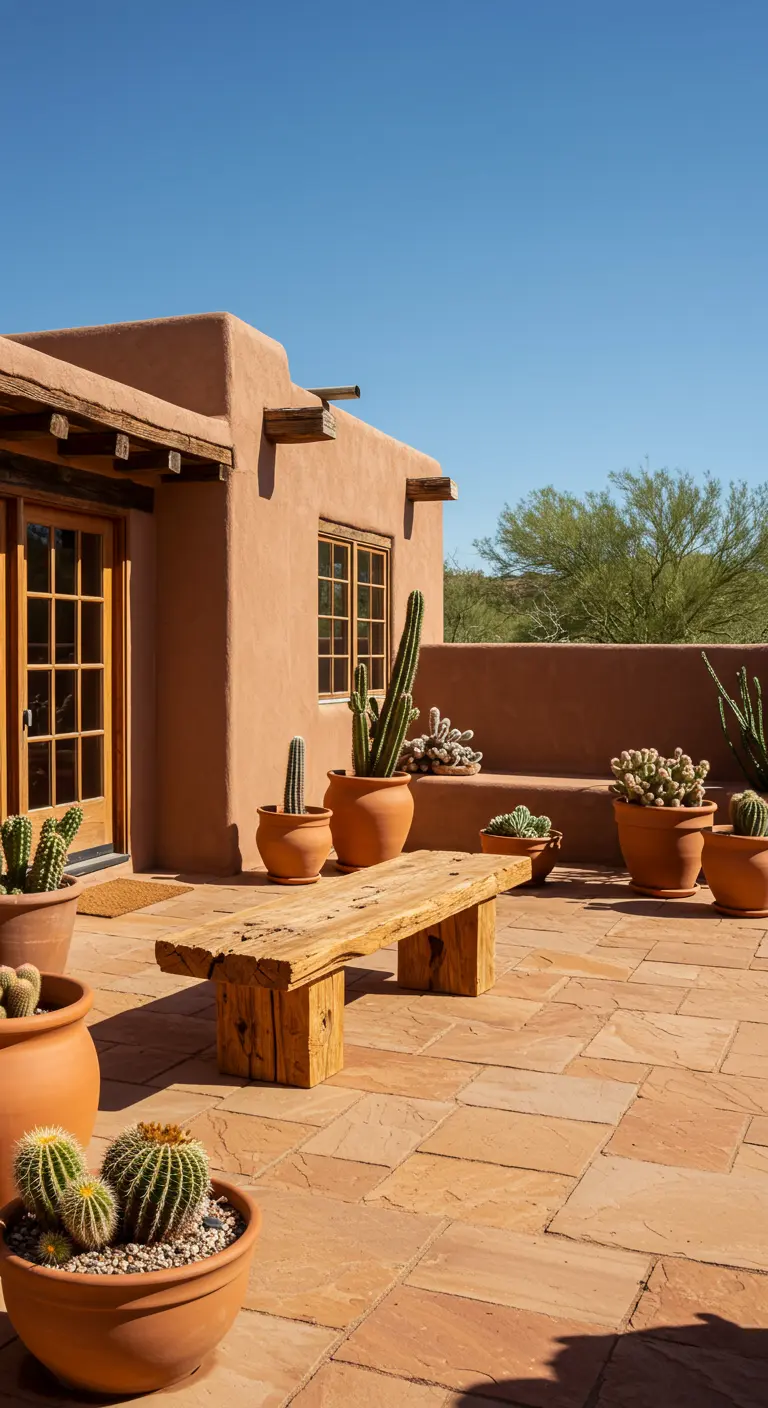 Patio de estilo suroeste con paredes de adobe, un banco de viga de madera y cactus en macetas.