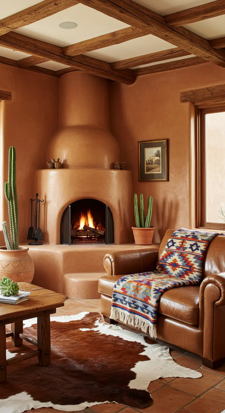 Sala de estar de estilo suroeste con chimenea de adobe, manta navajo y vigas de madera.