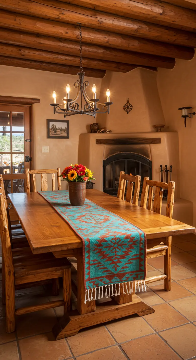 Comedor de estilo suroeste con paredes de adobe, vigas de madera y camino de mesa tribal.