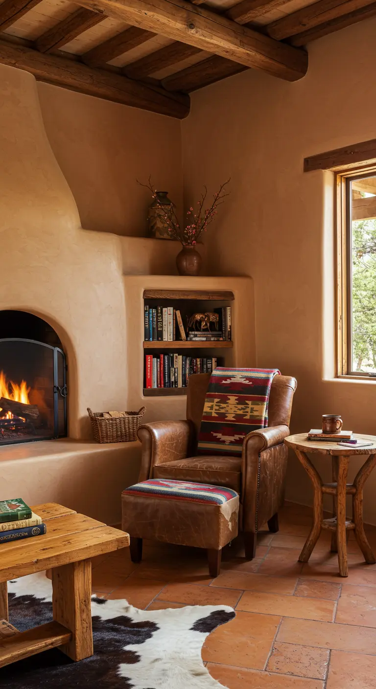 Rincón de lectura de estilo suroeste con chimenea de adobe, sillón de cuero y textiles navajos.