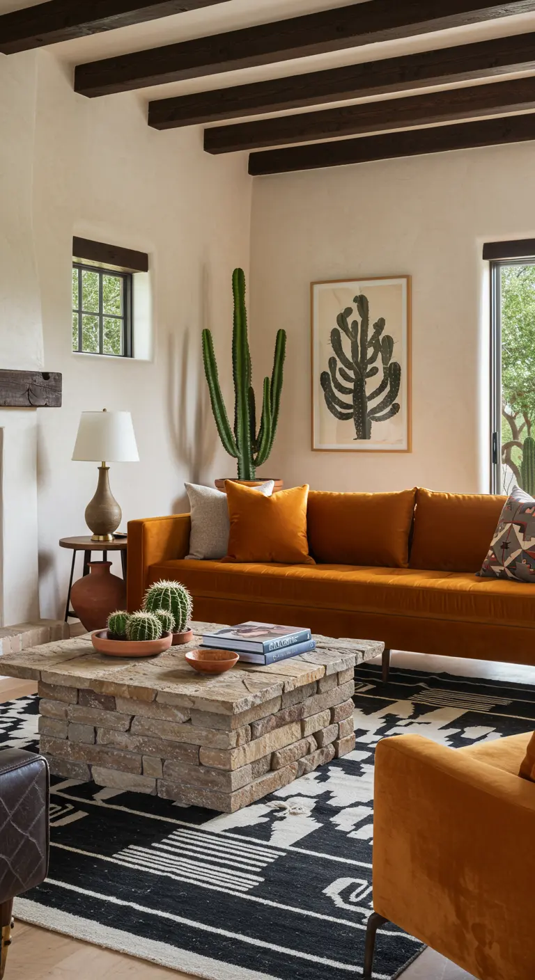 Salón de estilo suroeste con sofá de terciopelo color teja, mesa de centro de piedra y cactus.