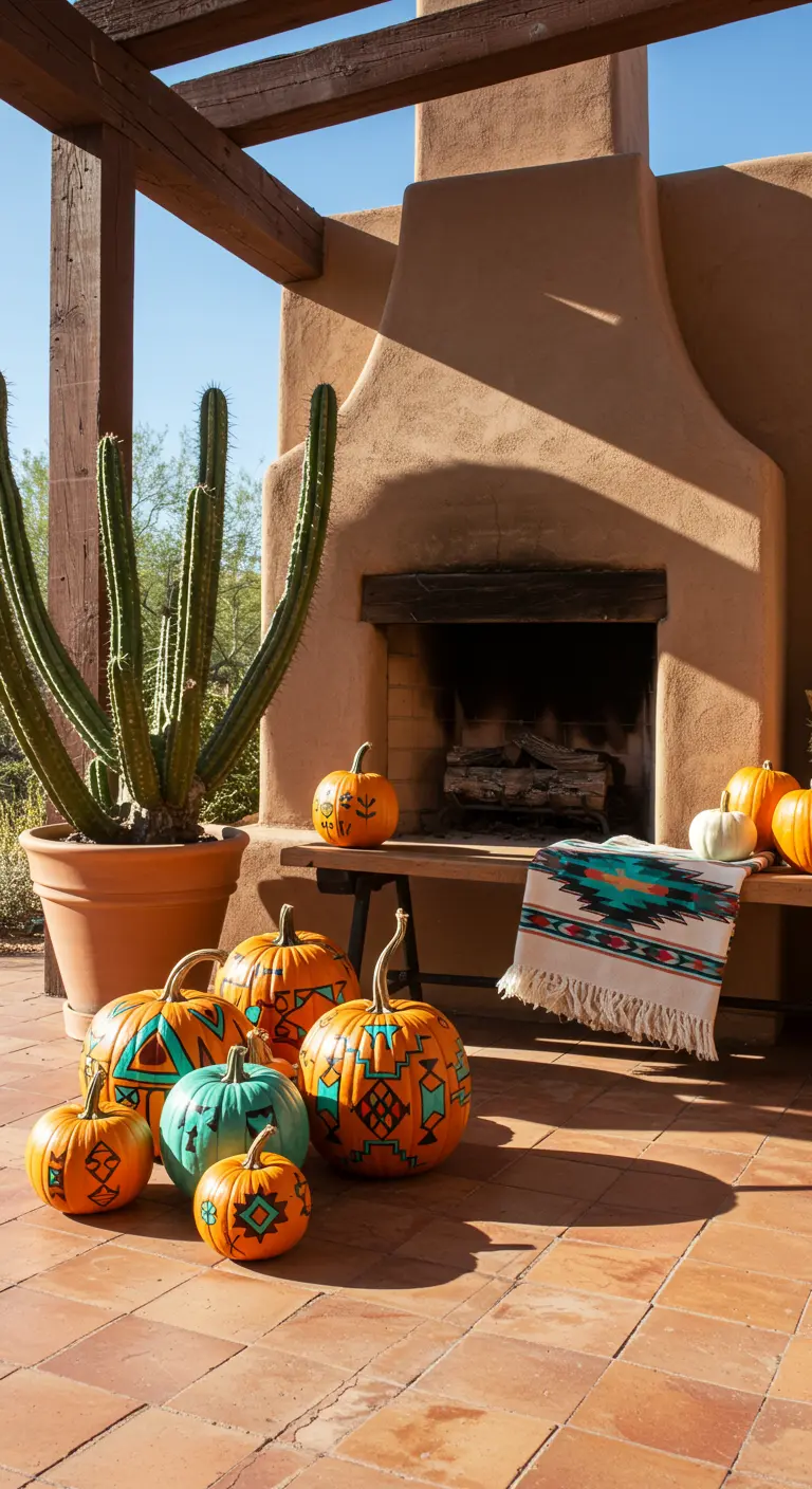 Calabazas pintadas con patrones geométricos de estilo suroeste en turquesa y naranja junto a un cactus.
