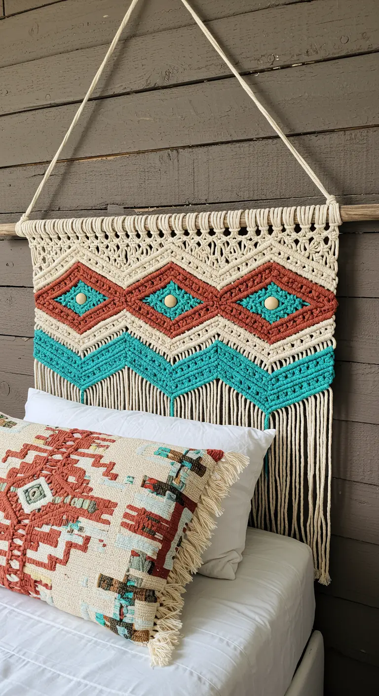 Cabecero de macramé con patrones geométricos en colores crudo, terracota y turquesa.