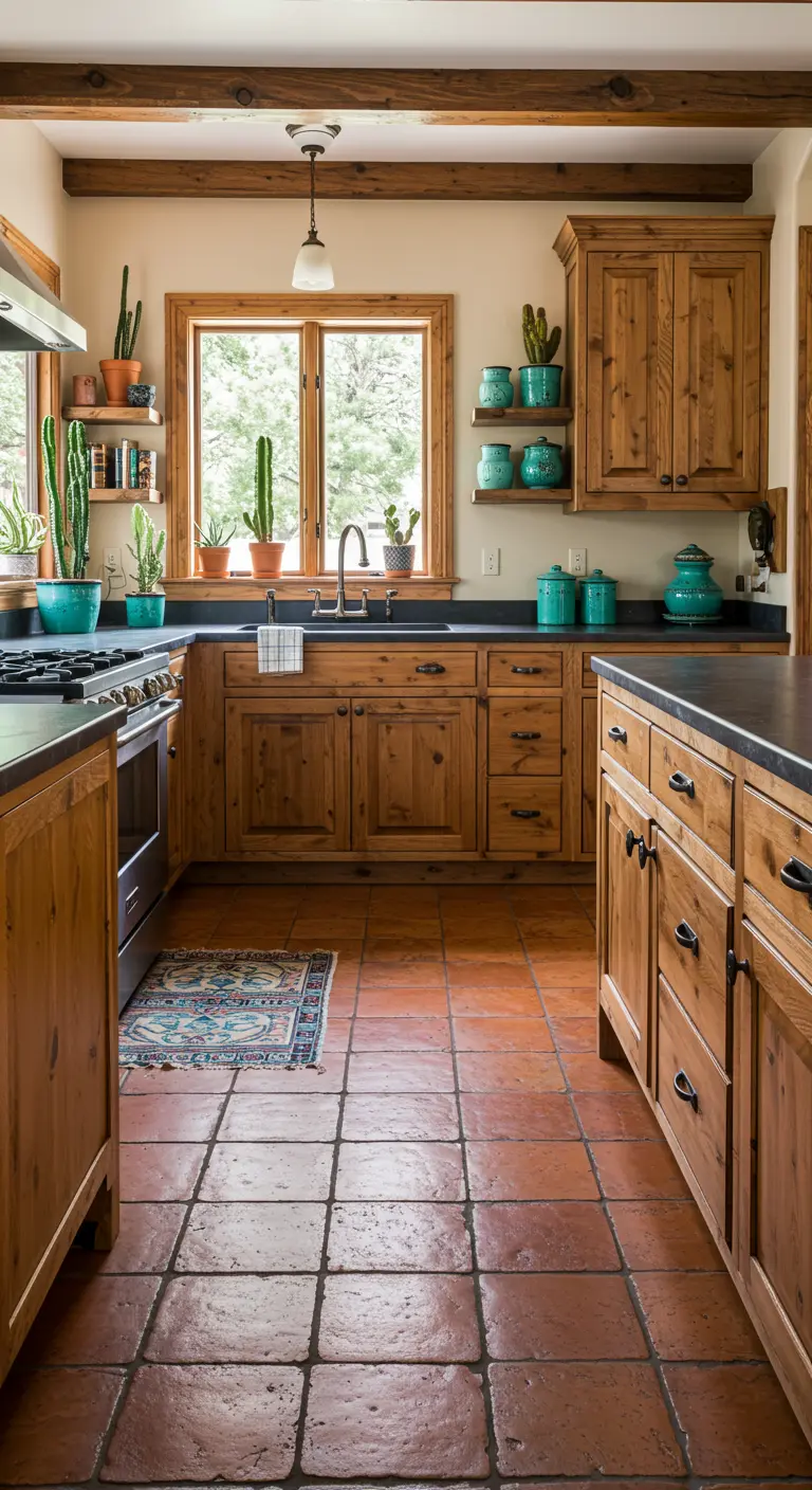 Cocina rústica con muebles de madera, suelo de terracota y acentos de cerámica turquesa.