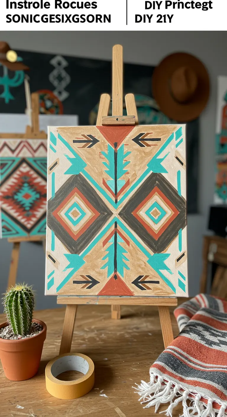 Cuadro de inspiración azteca o navajo con patrones geométricos en turquesa, terracota y negro.