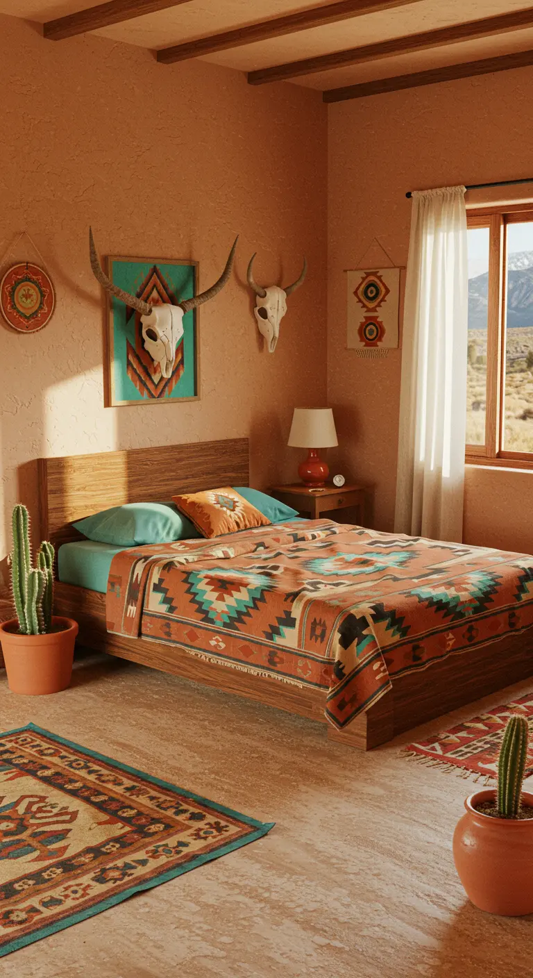 Dormitorio de inspiración suroeste con paredes terracota, textiles navajos y decoración con cactus.
