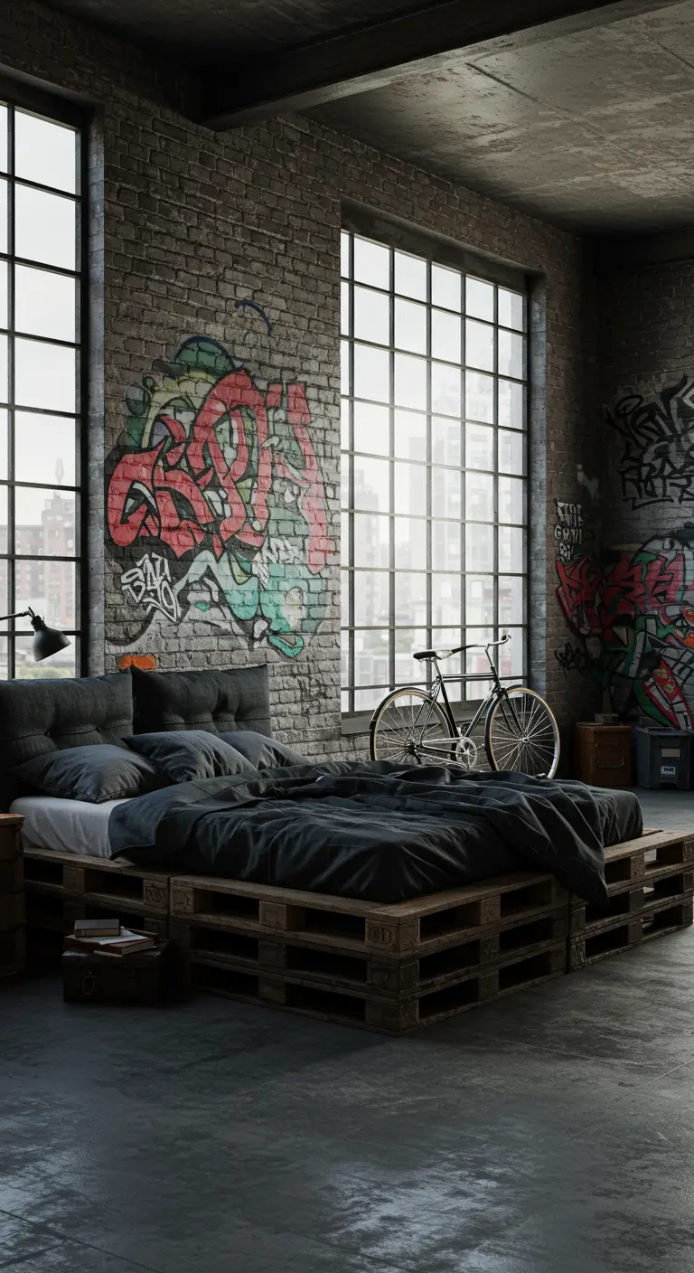 Dormitorio con cama de palets, paredes de ladrillo con graffiti y una bicicleta decorativa