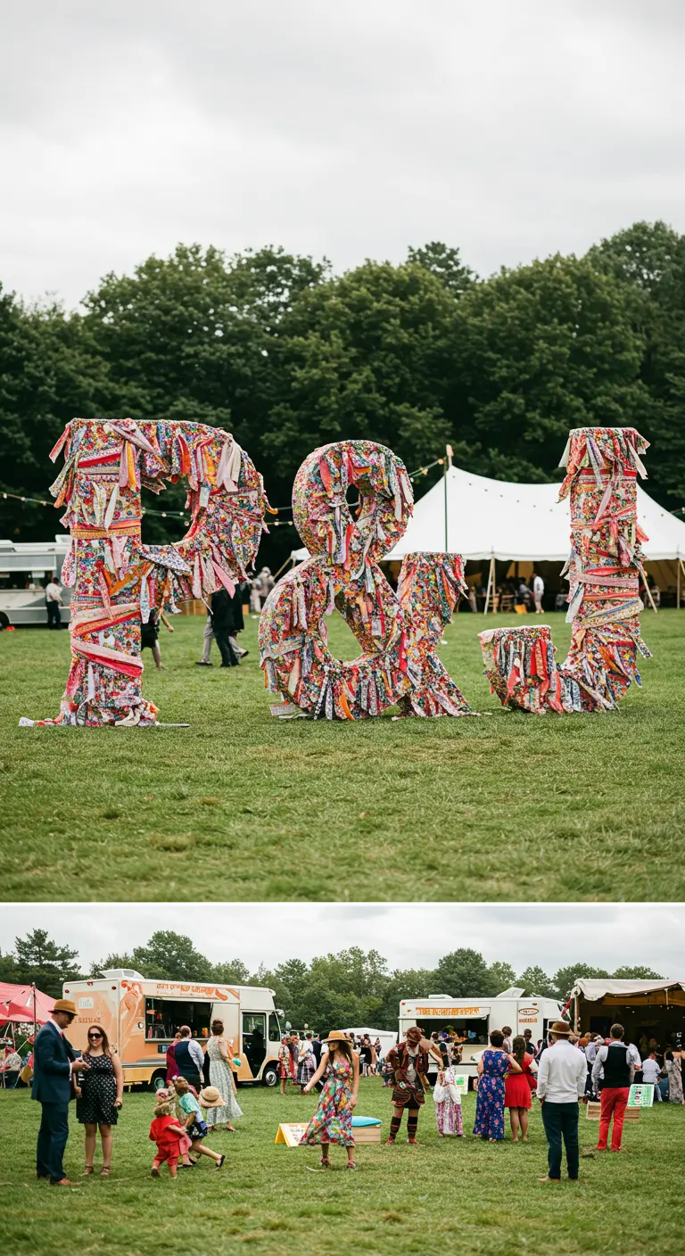 Iniciales 'P & J' gigantes cubiertas con tiras de tela de colores en un festival al aire libre.