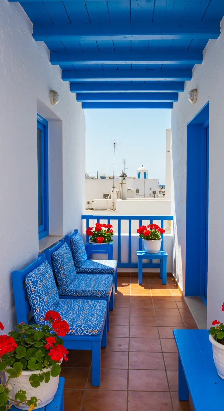 Balcón estrecho de estilo griego con paredes blancas, vigas y muebles pintados de azul intenso.