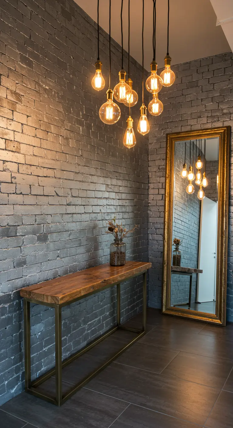 Recibidor industrial con pared de ladrillo gris, consola de madera y metal y un gran espejo dorado.