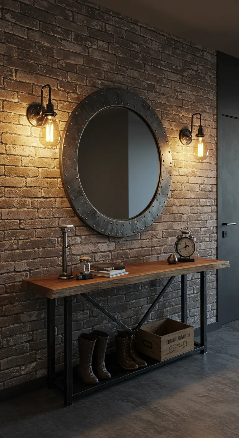 Recibidor de estilo industrial con pared de ladrillo, consola de madera y metal y espejo tipo ojo de buey