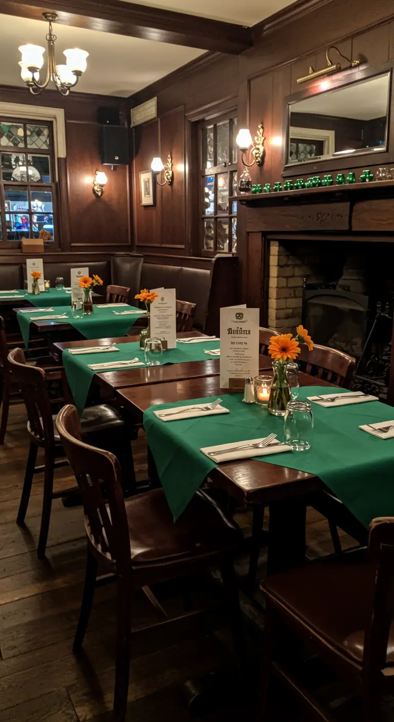 Mesas de madera en un pub acogedor con caminos de mesa verdes y flores naranjas.