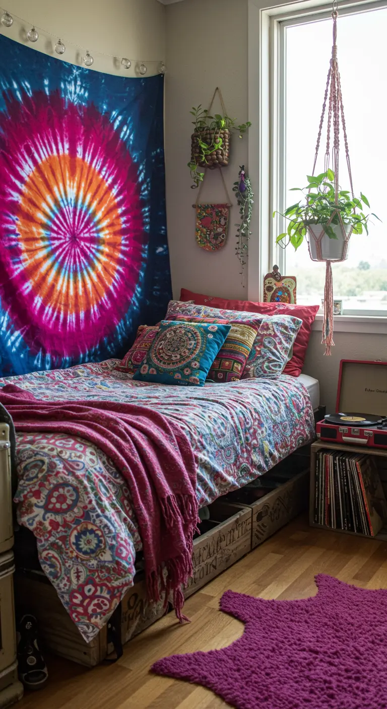 Dormitorio bohemio con un gran tapiz tie-dye colgado sobre la cama y cojines coloridos.
