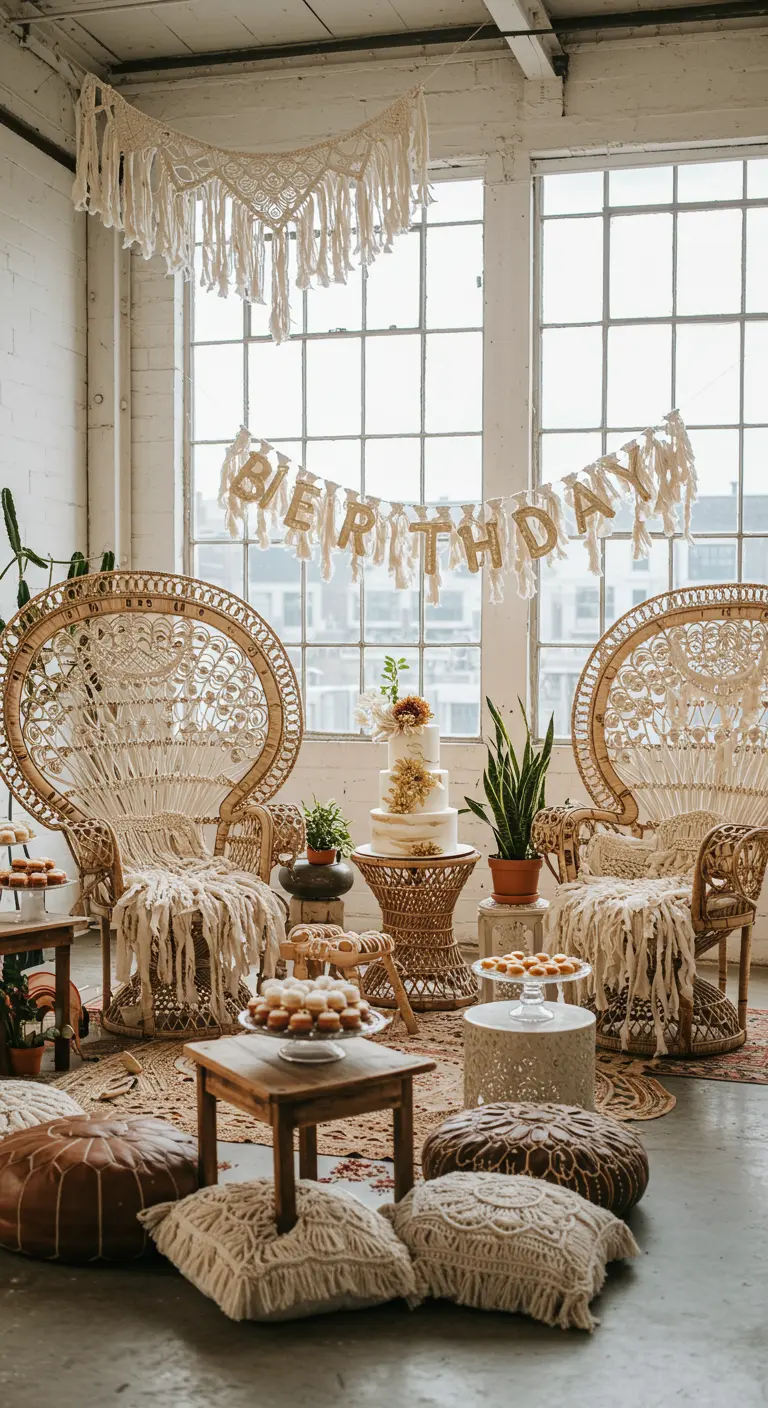 Sillas de pavo real de mimbre decoradas con tapices de macramé en una fiesta de cumpleaños bohemia.