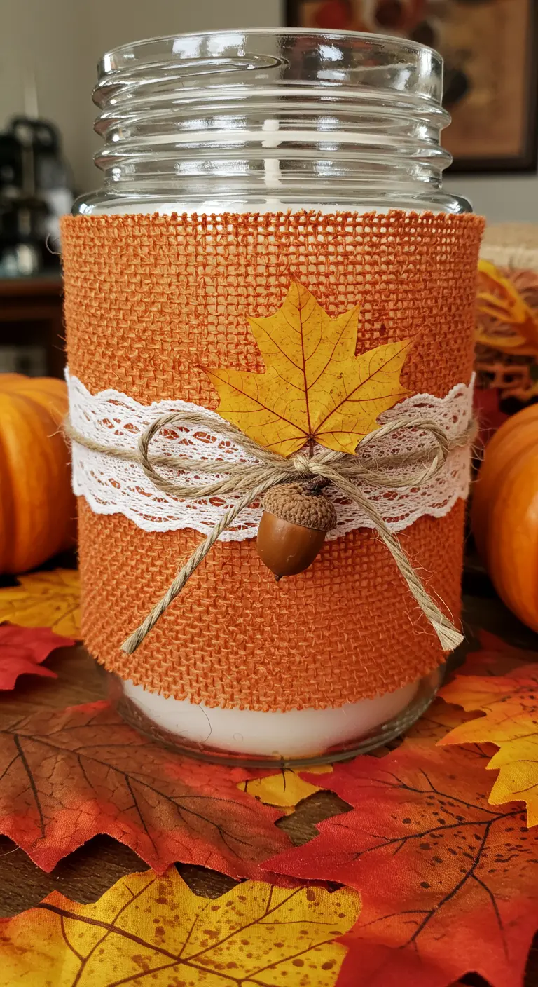Vela en frasco con arpillera naranja, encaje, yute y un adorno de hoja de otoño y bellota.