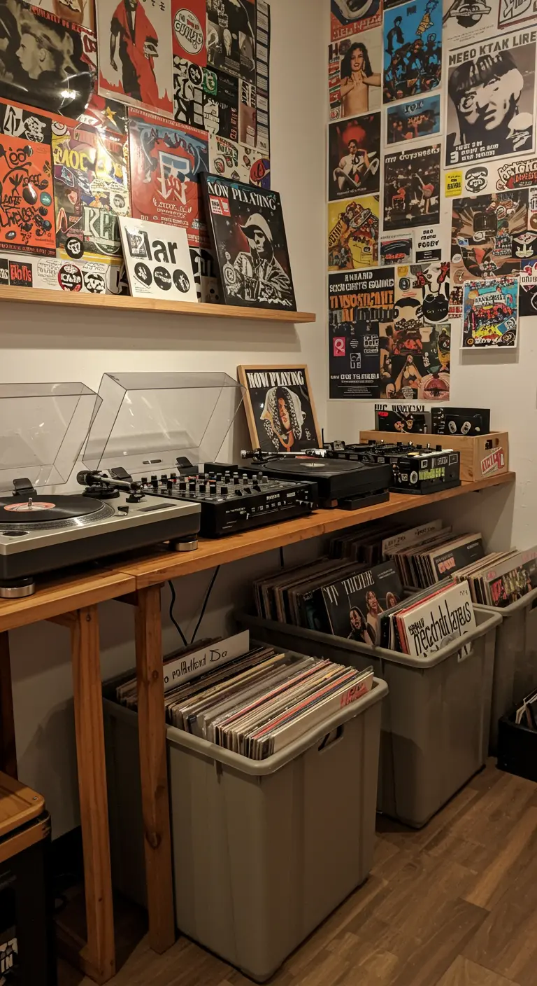 Rincón de música con paredes cubiertas de pósteres de punk rock, equipos de DJ y vinilos en cajas.