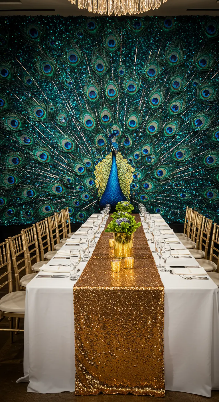 Mesa de comedor con camino dorado y un fondo espectacular de un pavo real con lentejuelas.