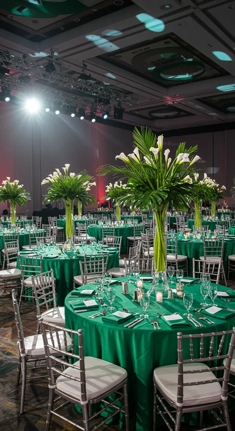 Salón de eventos con mesas redondas vestidas de verde y altos centros de mesa tropicales.