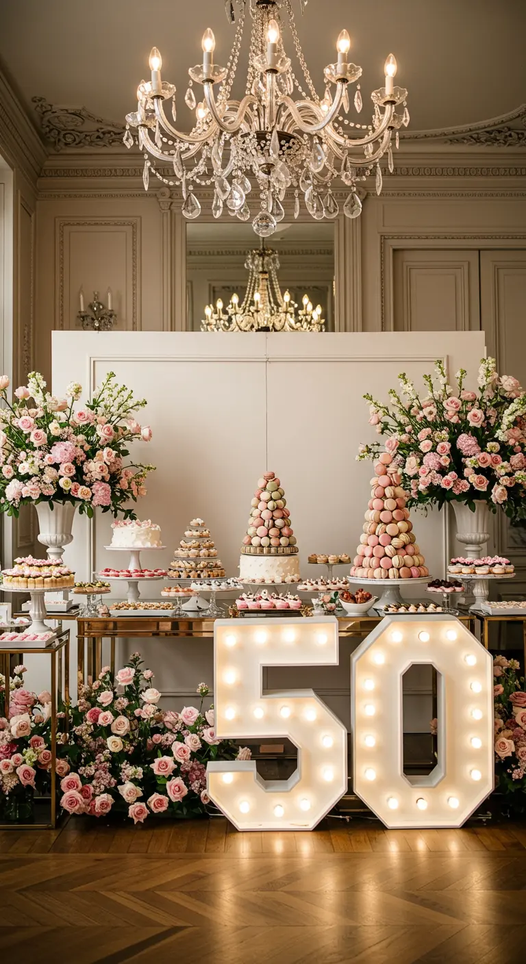 Mesa de dulces elegante con números 50 gigantes con luces en una sala de estilo clásico.