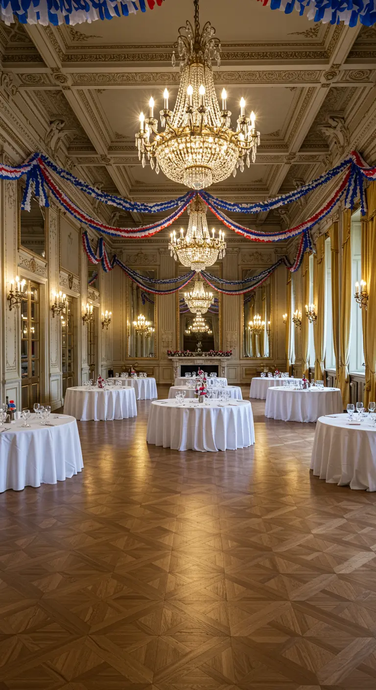 Salón de baile opulento con candelabros de cristal y guirnaldas drapeadas rojas, blancas y azules.