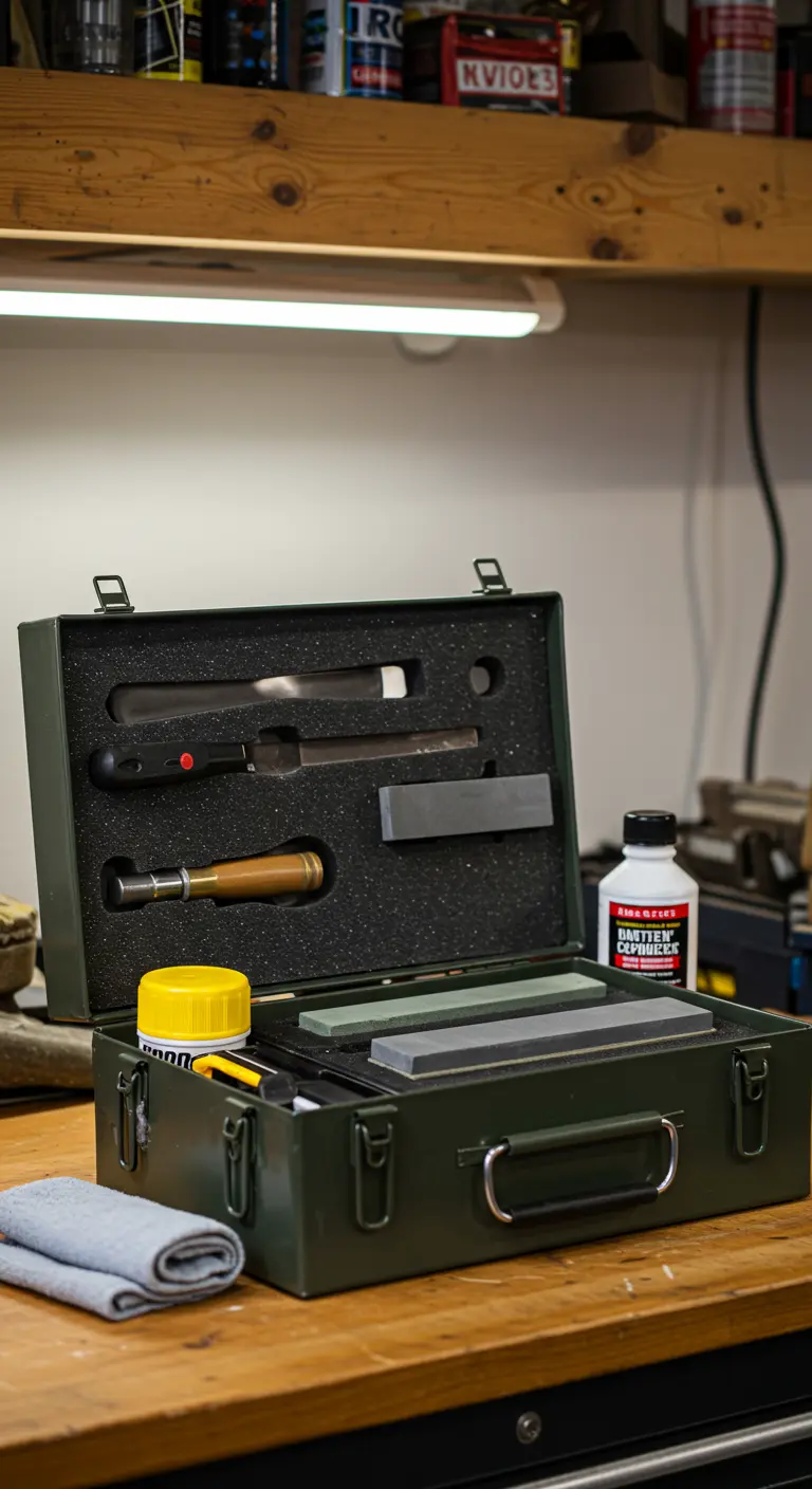 Caja de herramientas metálica de color verde militar con interior de espuma para organizar herramientas.