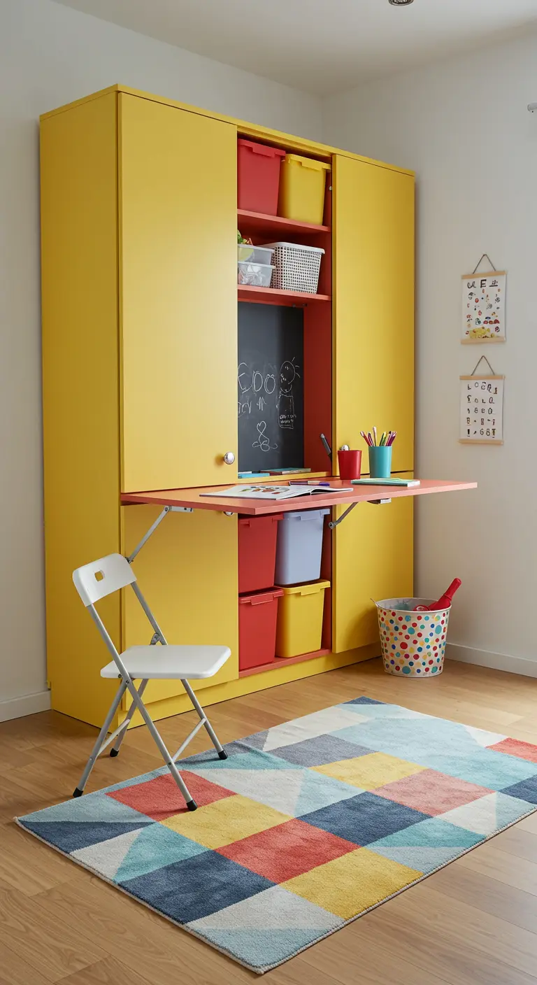 Armario amarillo con escritorio abatible rosa y almacenamiento para material infantil de colores.