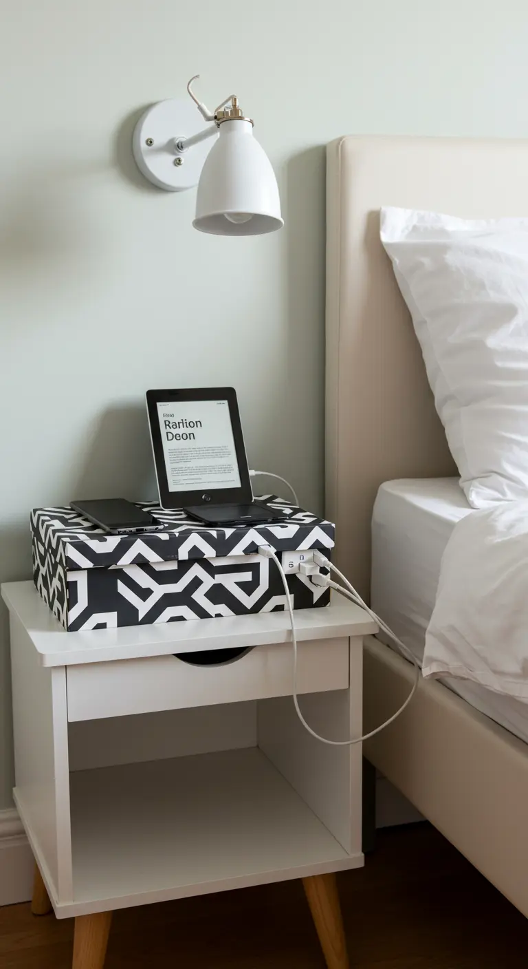 Caja de zapatos con estampado geométrico usada como estación de carga para dispositivos en una mesita de noche.