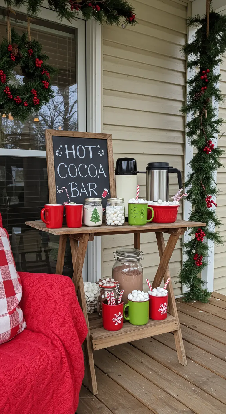 Rincón en un porche con una mesa de madera que sirve como estación de chocolate caliente.