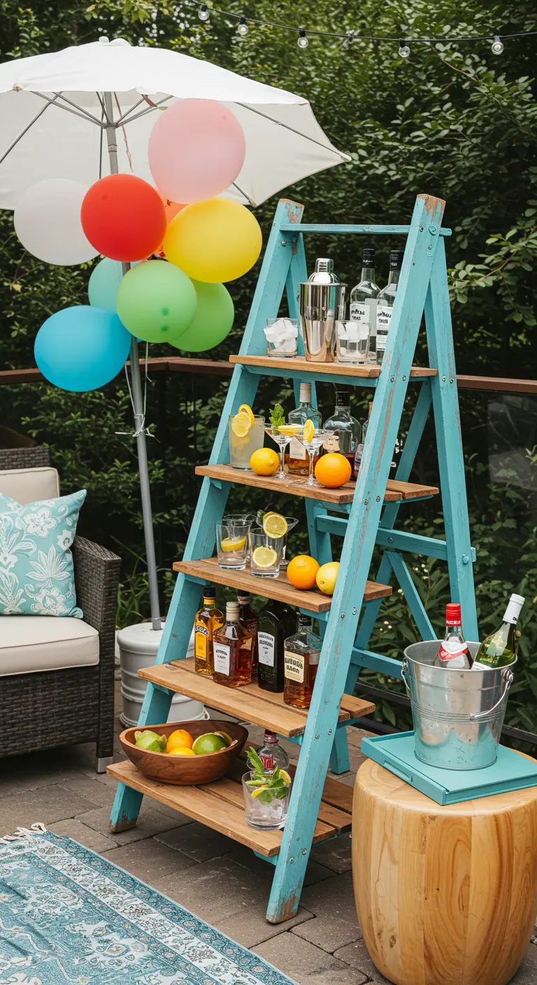 Escalera de tijera turquesa usada como bar en una terraza, con botellas, vasos y globos de colores.