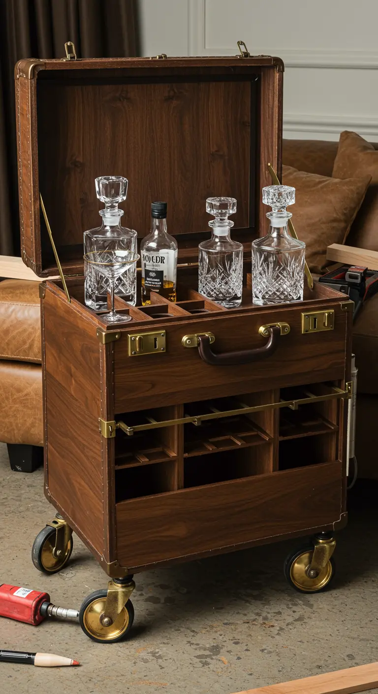 Maleta de madera abierta que revela un mini-bar con botellas y copas en su interior.