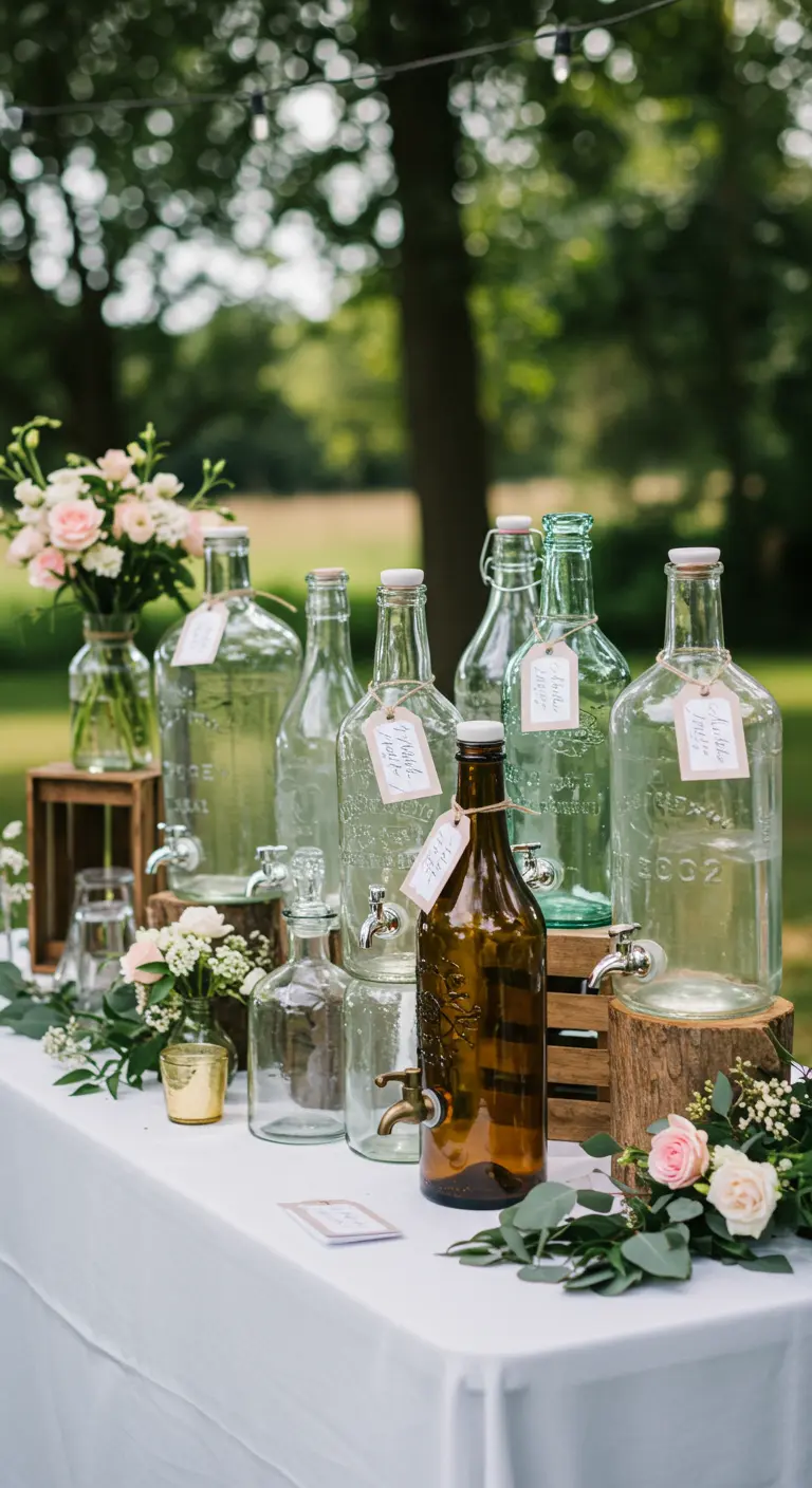 Mesa de boda con una colección de dispensadores de agua hechos con botellas de vidrio recicladas.