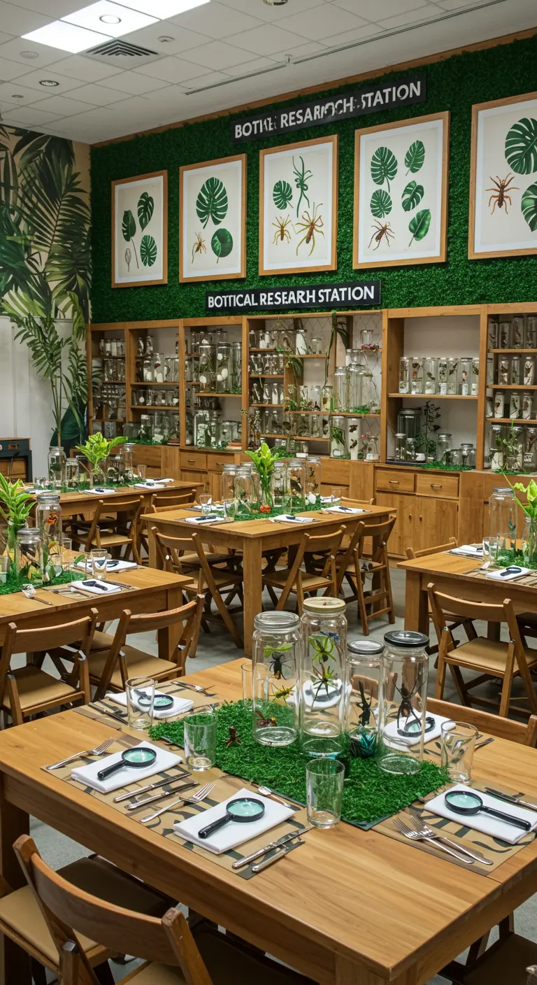 Mesas de fiesta decoradas como una estación de investigación botánica con láminas y frascos con insectos.