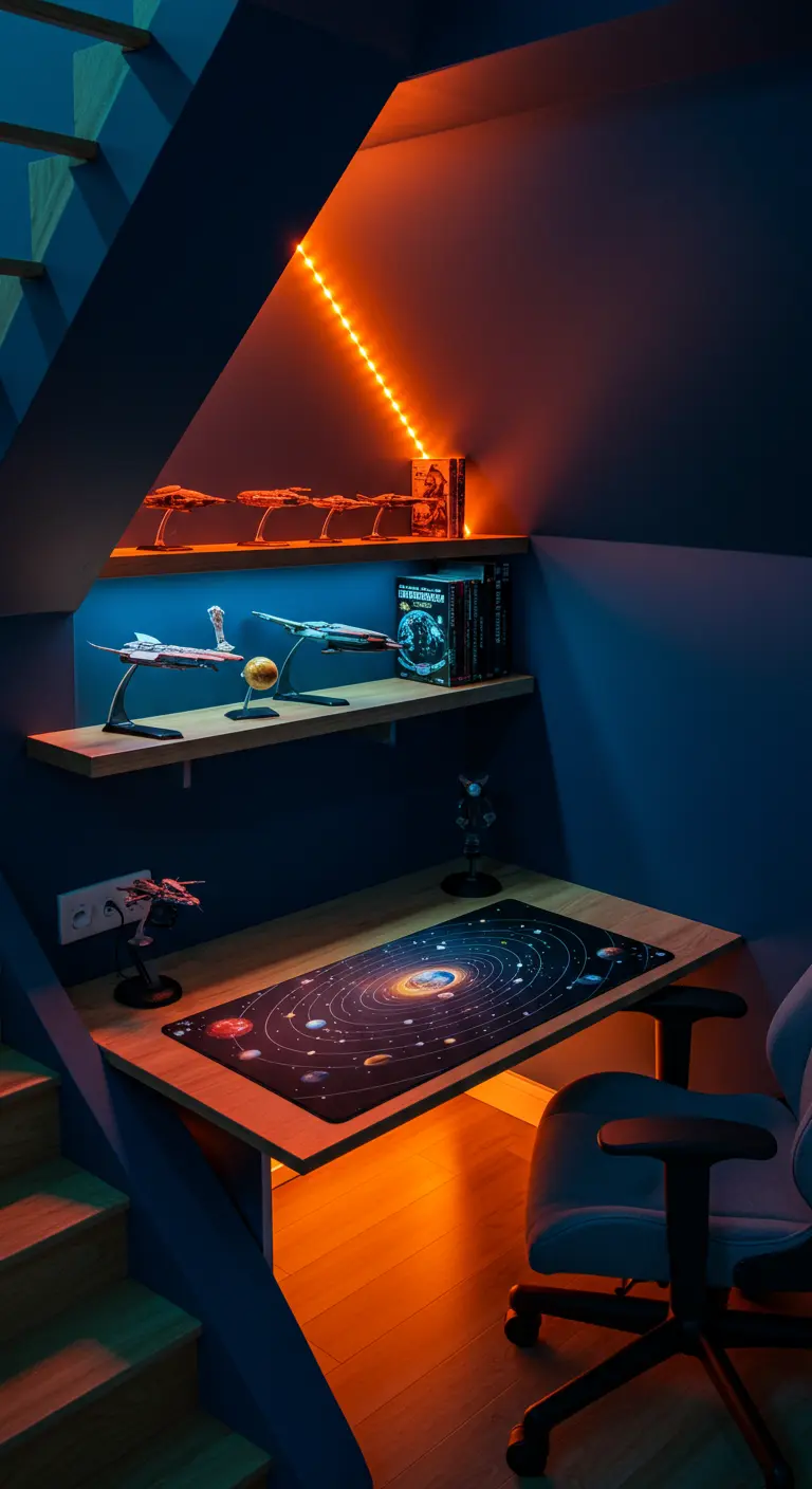 Pequeño estudio de gaming bajo una escalera con luces LED naranjas y modelos de naves espaciales.