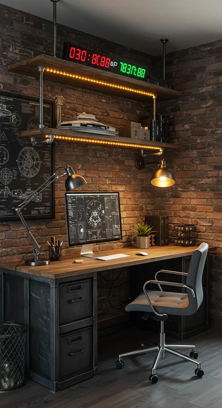 Oficina de estilo industrial con pared de ladrillo, estanterías de tuberías y escritorio de madera.