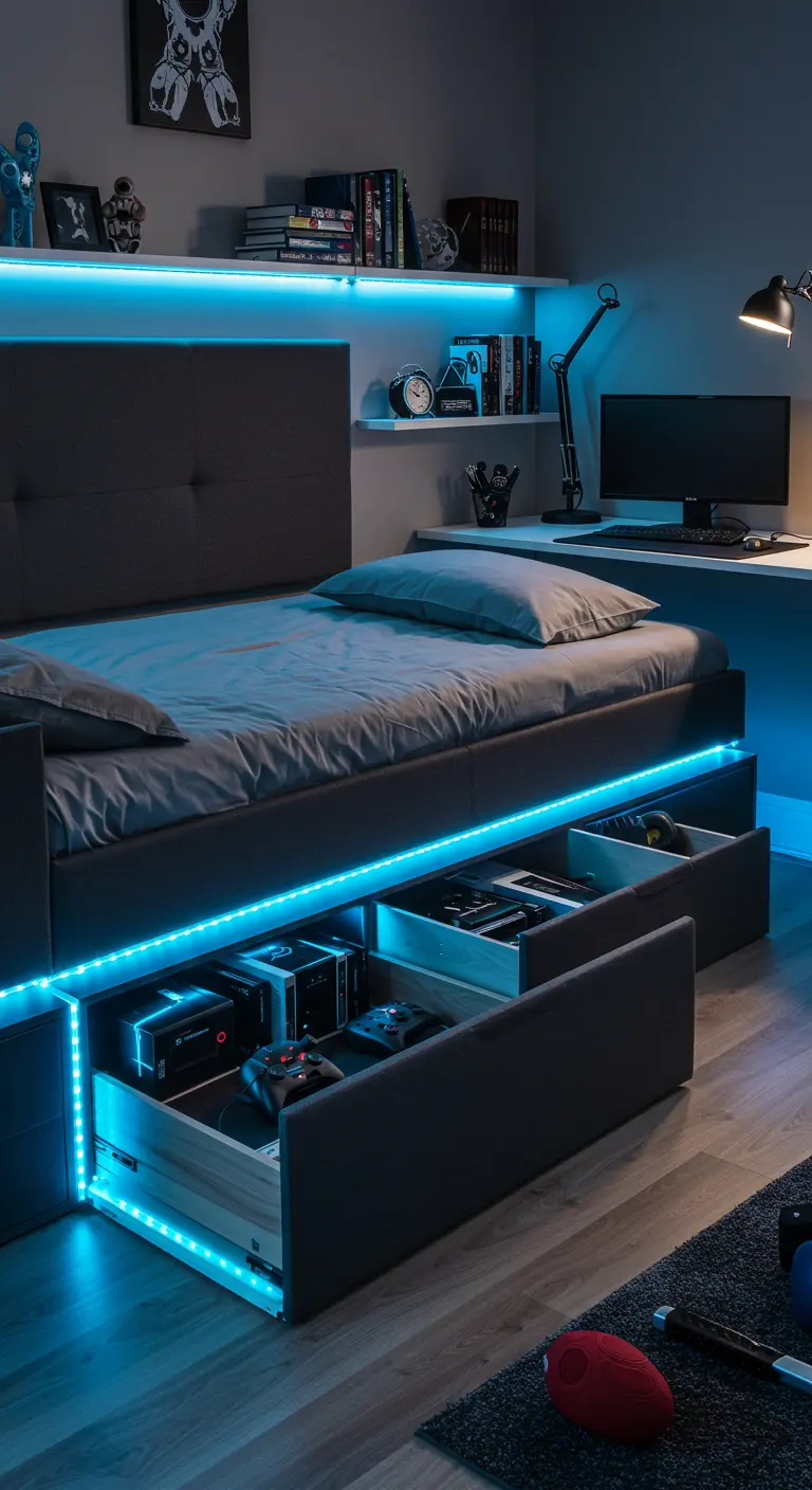 Cama de gaming con tapizado gris, cajones con luces LED azules para guardar consolas y accesorios.
