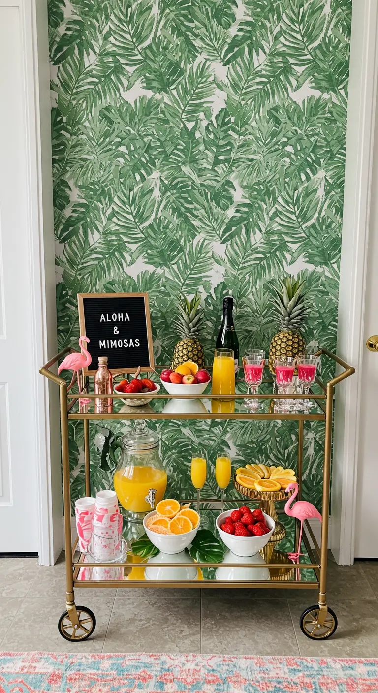 Carrito de bar dorado con mimosas, frutas frescas y un fondo de papel tapiz de palmeras.