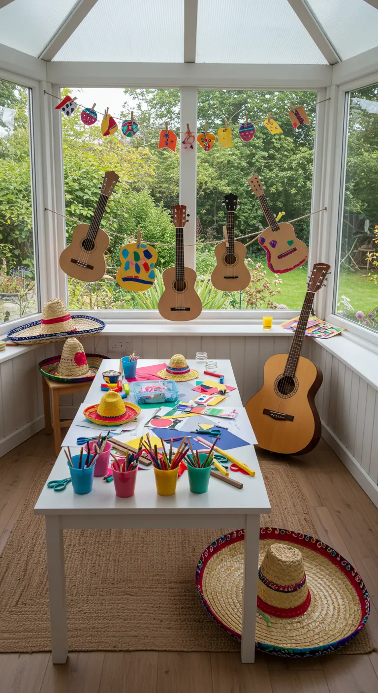 Mesa de manualidades para niños con guitarras de cartón, sombreros y materiales de arte.