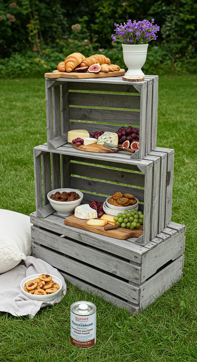 Tres cajas de madera apiladas en el césped, pintadas de gris y usadas como mesa de picnic.