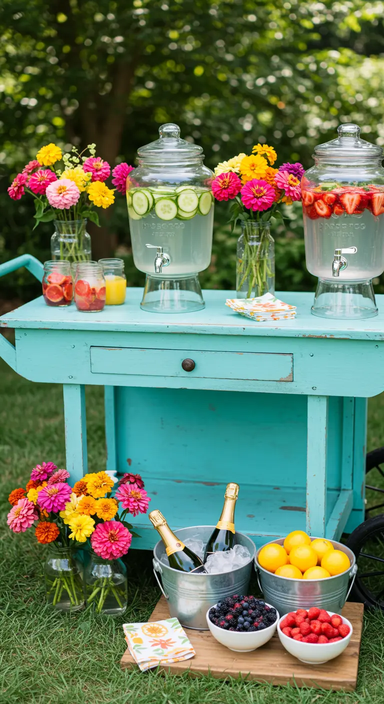 Carrito de bar turquesa en un jardín con dispensadores de agua infusionada y flores de colores.