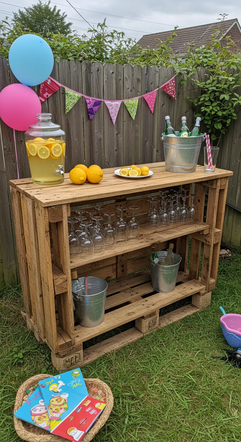 Barra de bebidas exterior hecha con pallets, con dispensador de limonada y cubos con hielo.