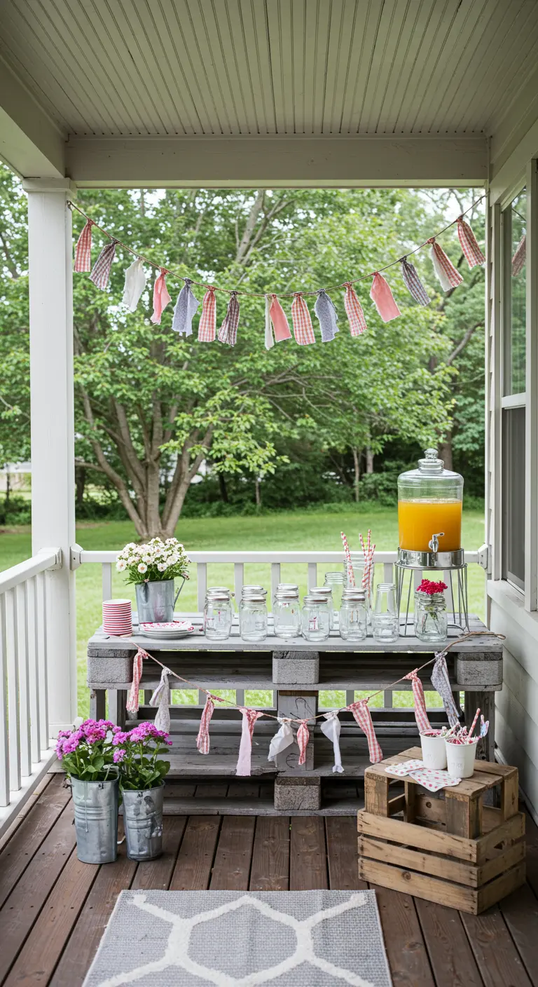Barra de bebidas hecha con un palet y cajas, con dispensador de zumo y guirnaldas de tela.