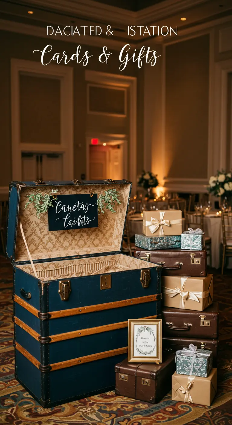 Rincón de regalos de boda con un gran baúl de viaje y maletas vintage apiladas.